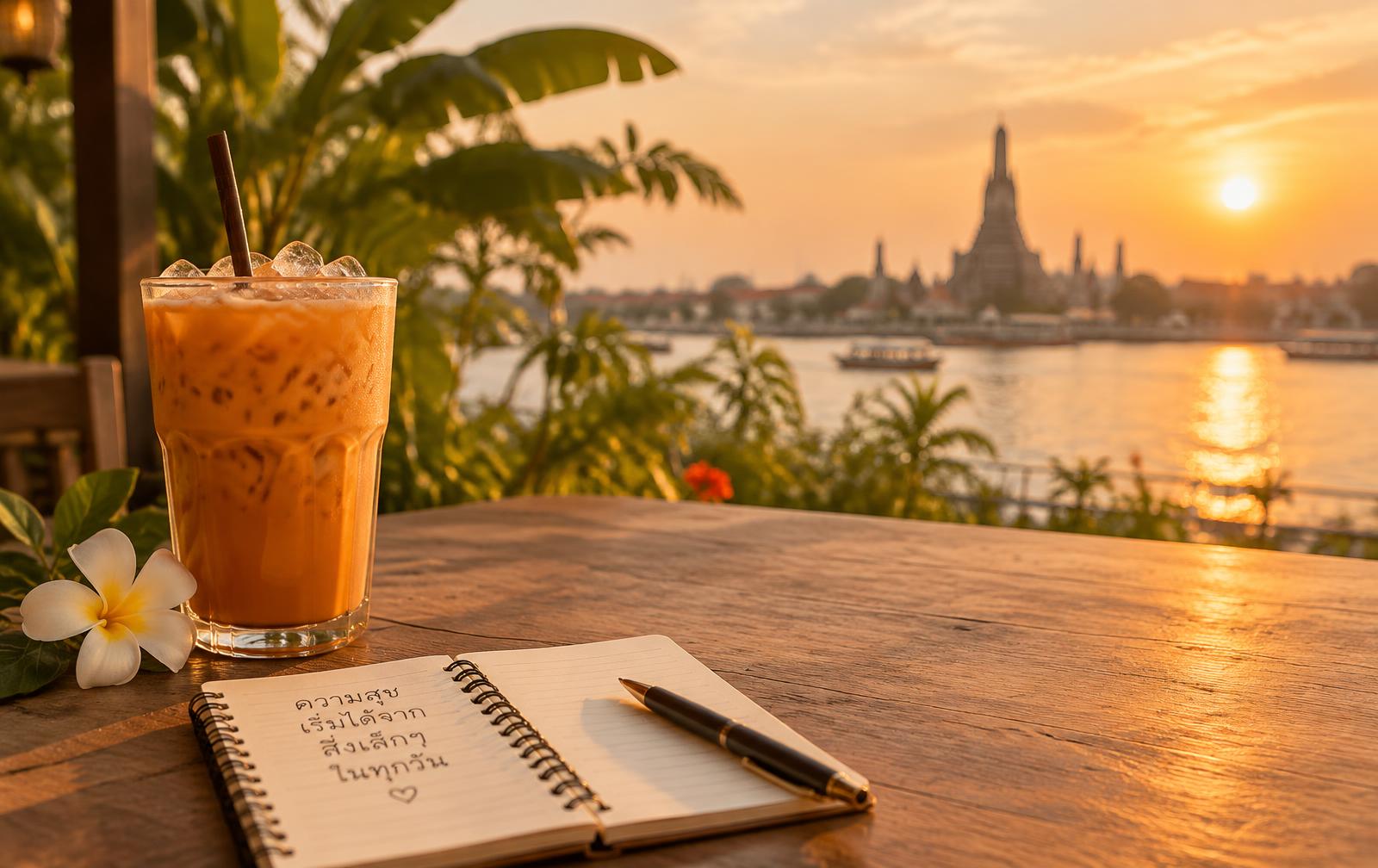 Iced Thai tea and a notebook with Thai handwriting at sunset by the river